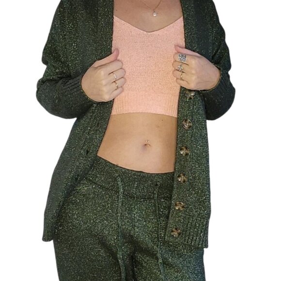 Zara Metallic Green & Gold Knit Casual Lounge Pants With Pockets Womens Size S - Picture 13 of 13